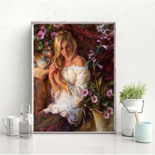 European Women Elegant Art Wall Paintings Print Canvas Art Prints Modern Girls Flower Oil Paintings For Living Room Wall Decor