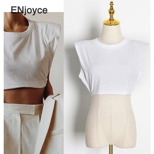 2020 Women Fashion Solid Cotton Shoulder pad T-shirt Vintage O-Neck Sleeveless Cropped Tops Casual Girls Streetwear
