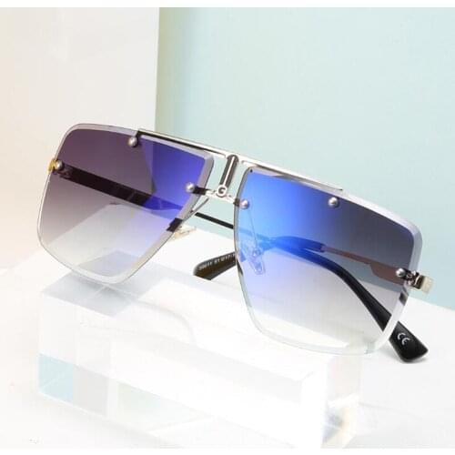 Gradient Blue Rimless Square Sunglasses For Men Brand Designer Vintage Womens Oversized Glasses Gold Metal Popular Male Eyewear