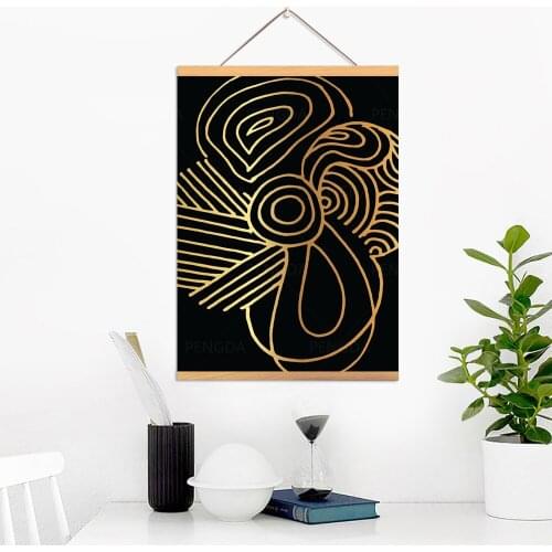 Pictures Nordic Scroll Modern Yellow Line Pattern Wall Art Canvas Poster Cute Solid Wood Hanging Painting Print Home Decoration