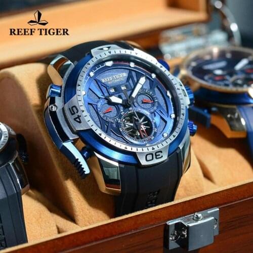 Reef Tiger/RT Mens Luminous Watch with Blue Dial Perpetual Calendar Rubber Strap Watches Waterproof Automatic Mechanical Watch