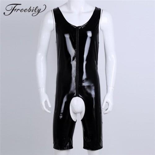 Mens Wetloock Leotard Bodysuit Underwear Daily or Sexi Hombre Porno Gay Sleeveless Front Zipper Crotchless One-piece Underwear