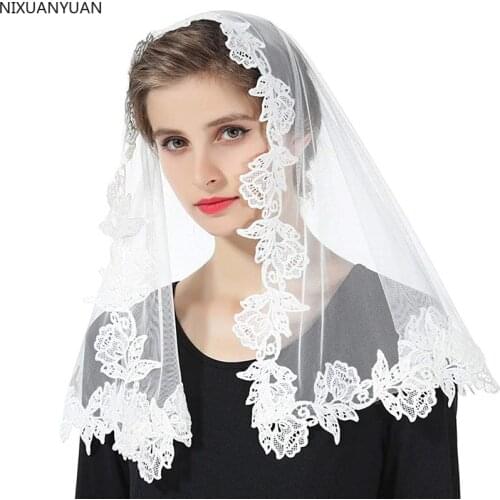 Wholesale Triangle Scarf for Church Prayer Shawl Embroidered Lace Veil Floral Headcovering Tassel Veils Mantillas for Churchs