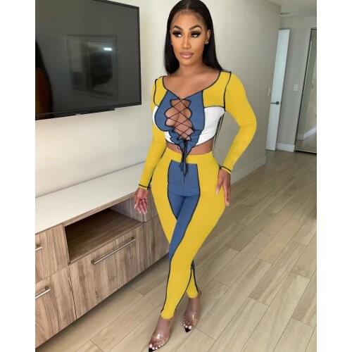 RMSFE 2021 Fall Clothes for Women Fashion Bandage Rib Splicing Sports Leisure Pants Long Sleeve 2 Piece Set