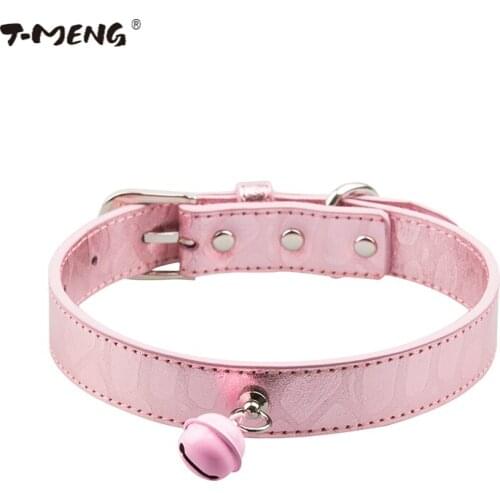 T-MENG New Shining Genuine Leather Dog Collar Bling Cute Big Bell Cat Collars Adjustable For Small Medium Large Dogs Pet Product