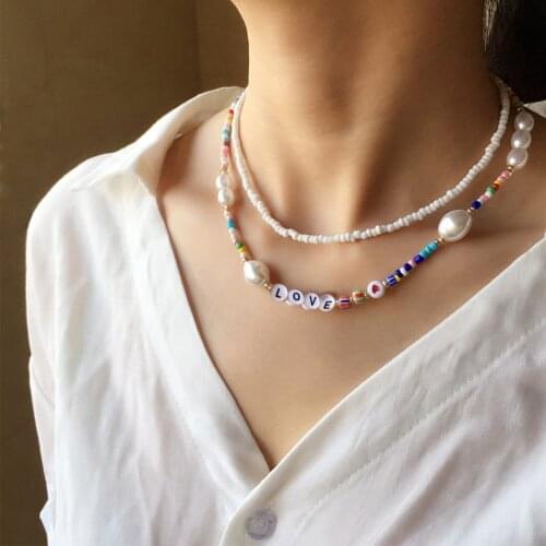 Freshwater Pearl Boho Letter Necklaces Women Rainbow Seed Beads Strand Summer Beach Bohemian Beaded Choker Necklace Jewelry 2021