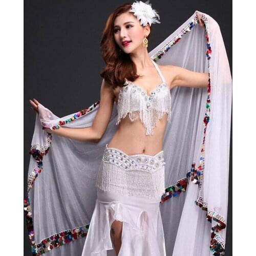 New Arrival Malaya Veils for Belly Dance long flowy hand-made sew sequins Dancing Hand-Scarf Veil White/Black