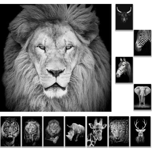 Animal Giraffe Zebra King Lion Elephant Horse Print Poster Black & White Canvas Painting Art Wall Decorative Picture for Living