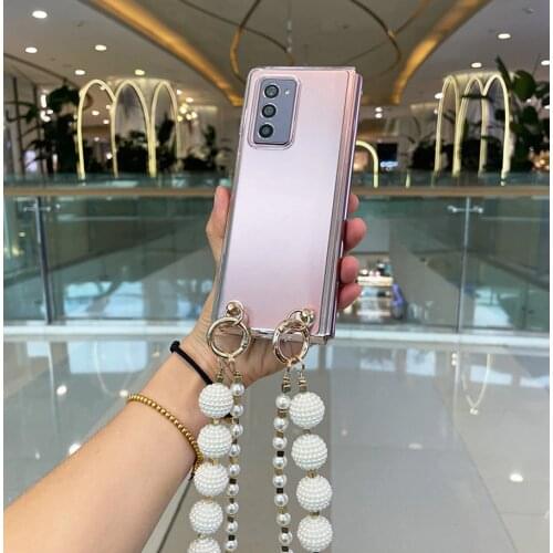 Luxury Fashion Portable Pearl Hand Chain Clear Case Cover For Samsung Galaxy Z FOLD 2 3 W21 5G Crossbody Transparent Case