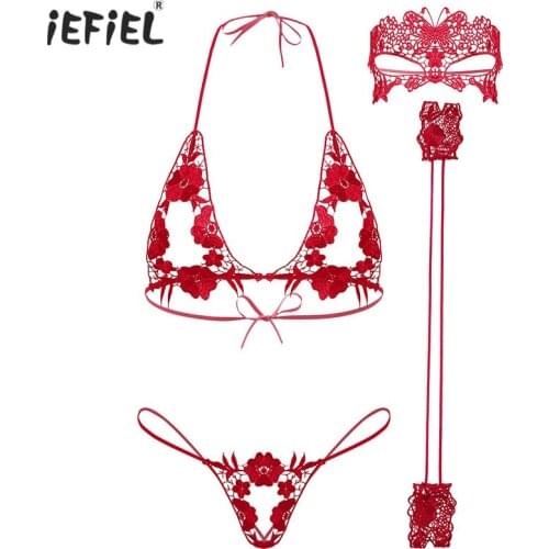Sexy Exotic Sets Floral Embroidery Lingerie Suit Women Ladies Underwear Sleepwear Hollow Out Lace-up Bra Set Crotchless G-string