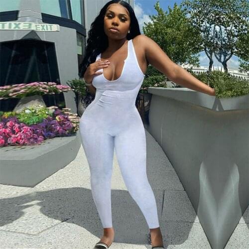 Activewear Casual Solid Knitted Rib Overalls for Women Sexy Sportswear Deep V Neck Sleeveless Leggings Bodycon Jumpsuit Women