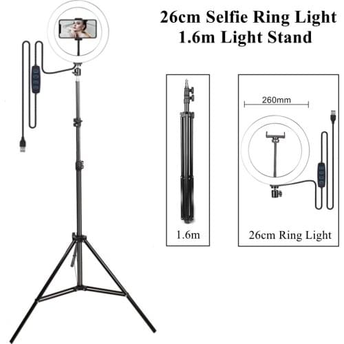 Anillo de luz LED para Selfie, trípode de 1,6 m y 160cm con lámpara, iluminación de 10 pulgadas para teléfono, estudio en vivo
