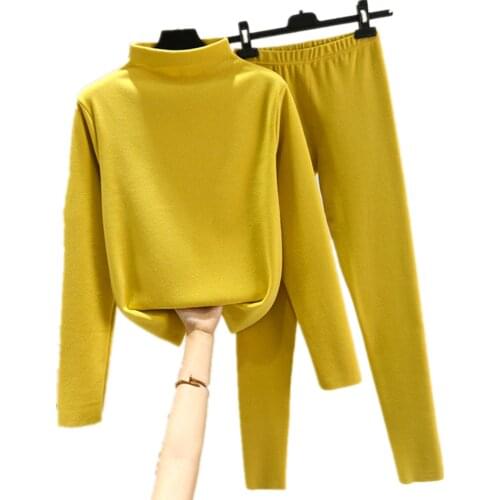 Lingering Warmth Suit Women Underwear Sets Casual Sleepwear Cotton Long Sets Ladies high collar Derong Elastic Thermal Pajamas