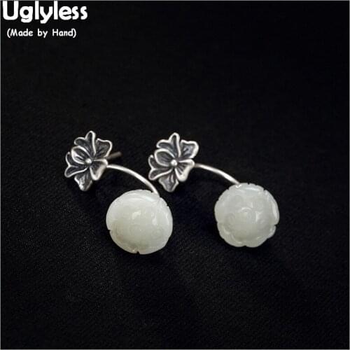 Uglyless Handmade Carved Jade Lotus Stud Earrings for Women Dual Use Thai Silver Flower Studs Real Solid 925 Silver Fine Jewelry