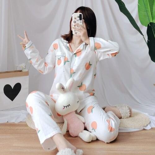 Spring and Autumn Fashion Ladies Pajamas Suit Cotton Cute Orange Long-sleeved Trousers Home Service Suit Women Pajama Set