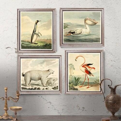 Vintage Animal Poster Print Flamingo Bear Penguin Canvas Painting Modern Abstract Retro Art For Living Bathroom Home Decoration