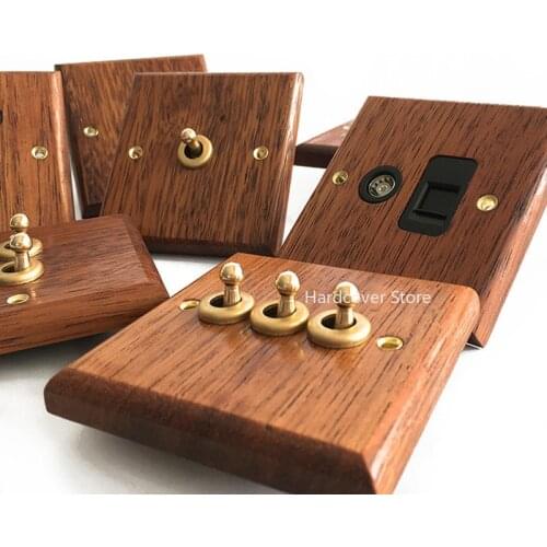 High Quality 86 Type Solid Wood Panel 1-4 Gang 2 Way Wall Light Retro Brass Toggle Switch Wood Grain Electrical Switch Socket