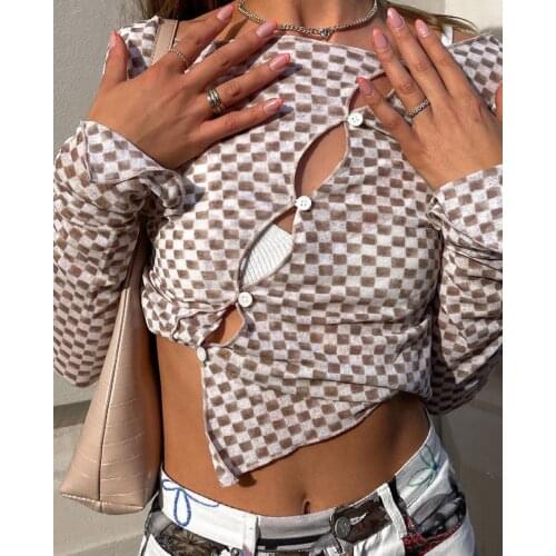 New Sexy Women Plaid Print Crop Tops Long Sleeve Hollow Out Irregular Button Down Chic T-Shirts Spring Summer Khaki S M L