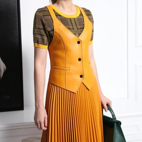Fashion womens Genuine Vest Autumn Spring women High quality sheepskin Real leather waistcoat A095