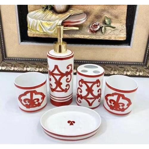 5PCS High Quality Porcelain Red Bathroom Accessories Set Orange Box Toothbrush Cup Holder Soap Dispenser Luxury Home Decor Gift