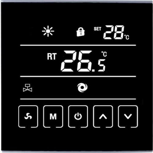 Black LCD Thermostat for Central Air Conditioning Fan Coil Units 2&4 Pipe Temperature Controller Valve Stop Fan Continue/Stop