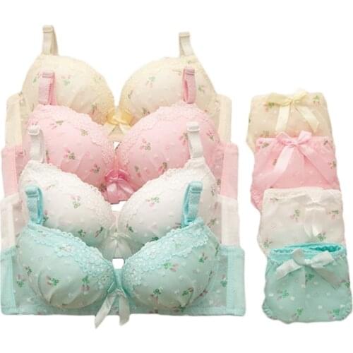 Teenage Girls Floral Underwear Sets Student Wireless Lace Training Bras Bow Panties Sets Cotton Teens Development Clothes GB16