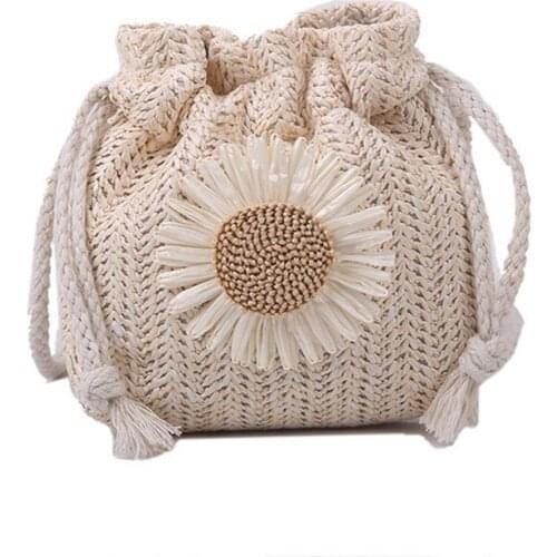 Summer Women Sunflower Braided Bucket Bag Mini Shoulder Bag Weaving Beach Floral Drawstring Crossbody