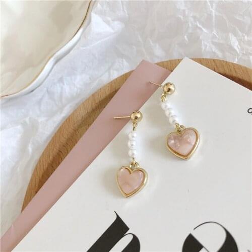 Fashion pink heart-shaped earrings long pearl earrings is pure and fresh and contracted act the role ofing is tasted