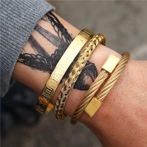 WENDYFO Top Quality Stainless Steel Roman Number Bracelet For Men Hip Hop Charm Jewelry Gold Color Bracelets Bangles