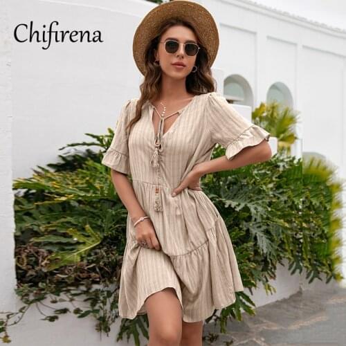 Chifirena Summer Women Dress 2021 V Neck Sexy Dresses for Women Tassel Half Sleeve Solid Party Sundress Loose Casual Vestidos