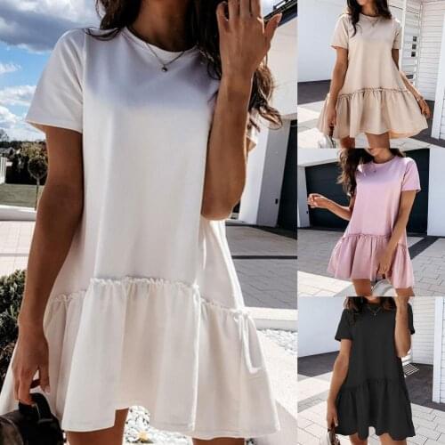 Summer Women Short Dress Solid Color Short Sleeve Round Neck Loose Female Women Casual Large Hem Pleated Dress for Shopping 2021