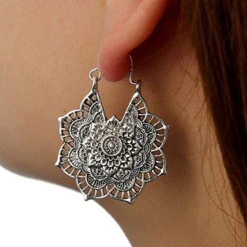 Antique silver Gypsy Indian Tribal Ethnic Hoop Dangle Mandala Earrings Boho10.8