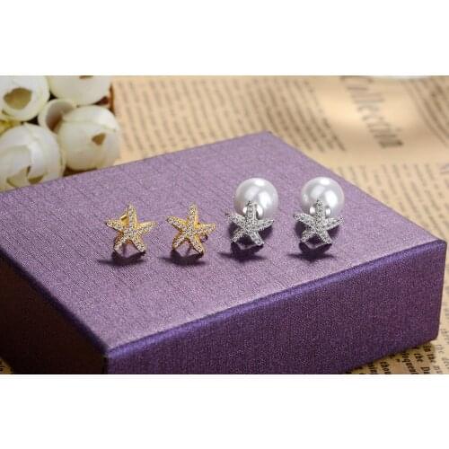 Fashion Gold Color Starfish Full Zircon Pearl Stud Earring Two Side Wear Sea Star Earrings For Women Aretes De Mujer Zk30