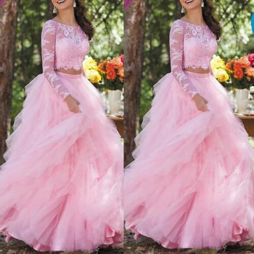 SuperKimJo Two Piece Pink Prom Dresses Vestidos De Fiesta Largos Elegantes De Gala Lace Applique Tiered Elegant Prom Gown