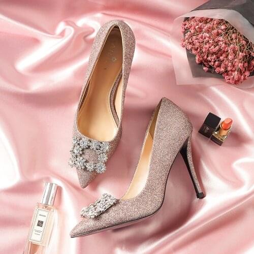 Wedding Shoes Women Brides Shallow Light Pink Sequins Square Buckle Crystal Stone Female High Heels 6cm 8cm 10cm Ladies Pumps