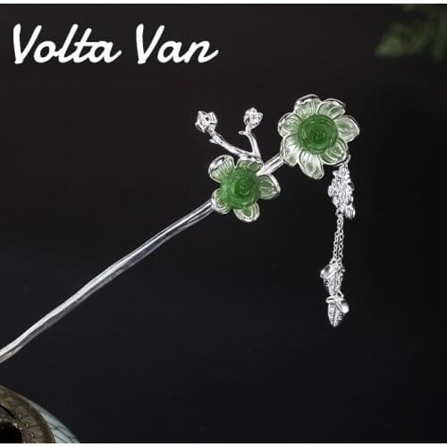 Volta Van 925 Sterling Silver Hairwear Jasper Hair Forks Vintage Plum Blossom Elegant Fine Jewelry 2021 New Concise Hairpins