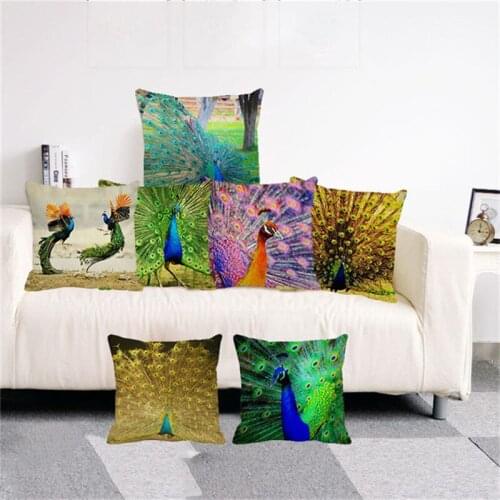 XUNYU 45X45cm Cushion Cover Beautiful Peacock Pattern Throw Pillow Case Linen Cushion Cover Sofa Bed Decorative Pillowcase C0044