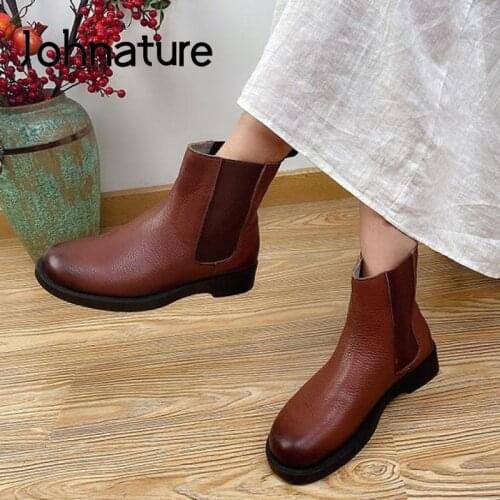 Johnature Short Plush Women Boots Genuine Leather Ankle Women Shoes Elastic Band 2020 New Winter Round Toe Casual Platform Boots