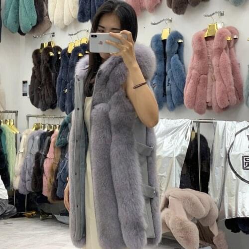 Fur Jacket Women Sheepskin Gilet Natural Fox Fur Vest Female Hooded Waistcoat 2021 Autumn Winter Fashion Warm Sleeveless Coat