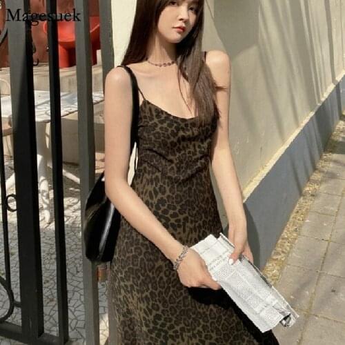 Sexy Summer Womens Leopard Dress 2021 Skinny Elegant Lady Sling Dress V-Neck High Waist Sleeveless Midi Dresses For Women 15238