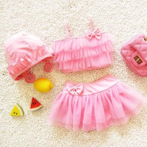 2017 Summer Childrens Bikini Kids Girls Cute Swimwear Baby Infant Ruffle Bow Princess Two Pieces Swimsuit With Swim Cap 0-2Y