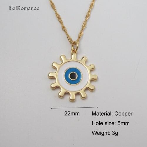 YELLOW GOLD GP 45CM WATER WAVE CHAIN & EVIL EYE BLUE WHITE BLACK ENAMELLED GEAR SHAPED PENDANT FASHION JEWELRY GREAT GIFT