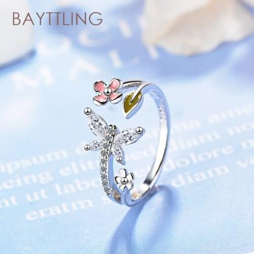 BAYTTLING 925 Sterling Silver Luxury Flower Butterfly Zircon Open Ring For Woman Fashion Jewelry Couple Ring Gift