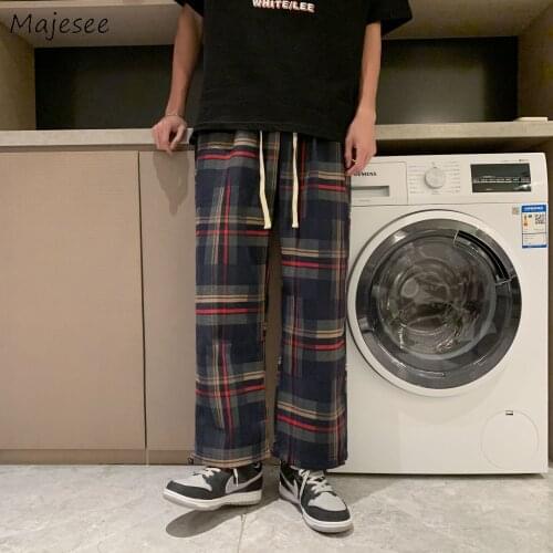 Vintage Plaid Casual Pants Men Couples Fashion All-match Panelled Straight Drawstring Trousers Ankle-length Chic College Popular