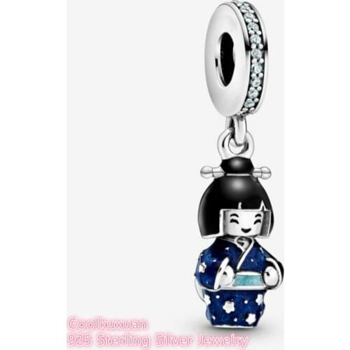 100% 925 Sterling Silver Japanese Doll in Blue Kimono Dangle Charm beads Fits Original Brand bracelets Jewelry Making