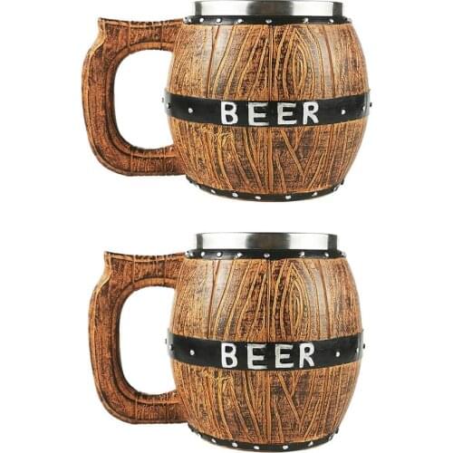Wooden Barrel Beer Mug Large-capacity Stainless Steel Beer Cup Double Wall Drinking Mug Metal Insulated Beer Cup Bar Supplies