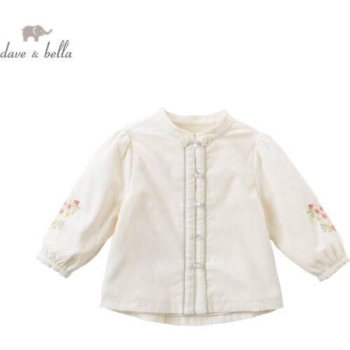 DBJ15733 dave bella winter baby girls cute floral embroidery button T-shirt children tops girl kids fashion tees