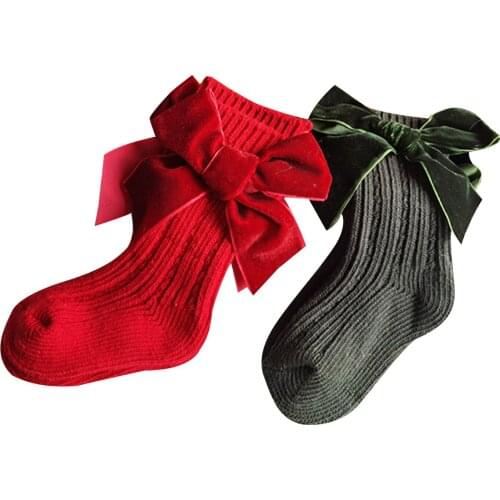 Children Baby Girl Ribbed Warm Stockings Solid Bow Decoration Fashion Comfortable Breathable Flannel Woolen Stockings 0-3Years