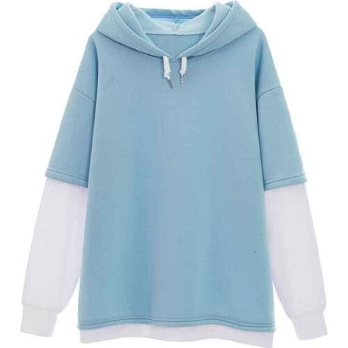 Fake Two Piece Hoodie Pullover Sweatshirt Color Block Jacket Long Sleeve Hoodie Top Drawstring Korean Fashion Female Clothing