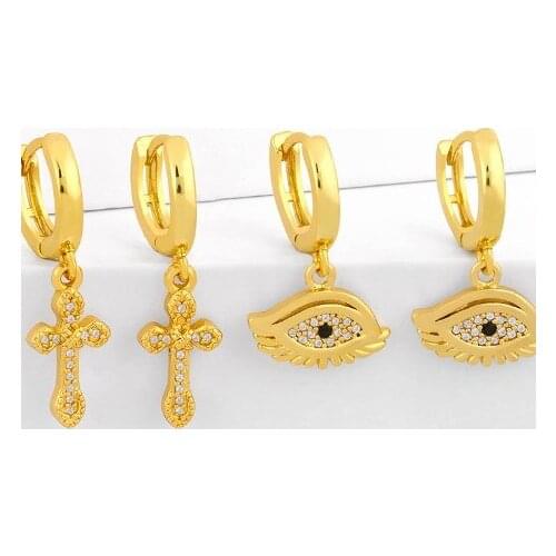 Cross evil eye multicolor Brass micro pave cz zircon cubic zirconia drop Hoop Earrings studs copper gold plated crystal hfg3